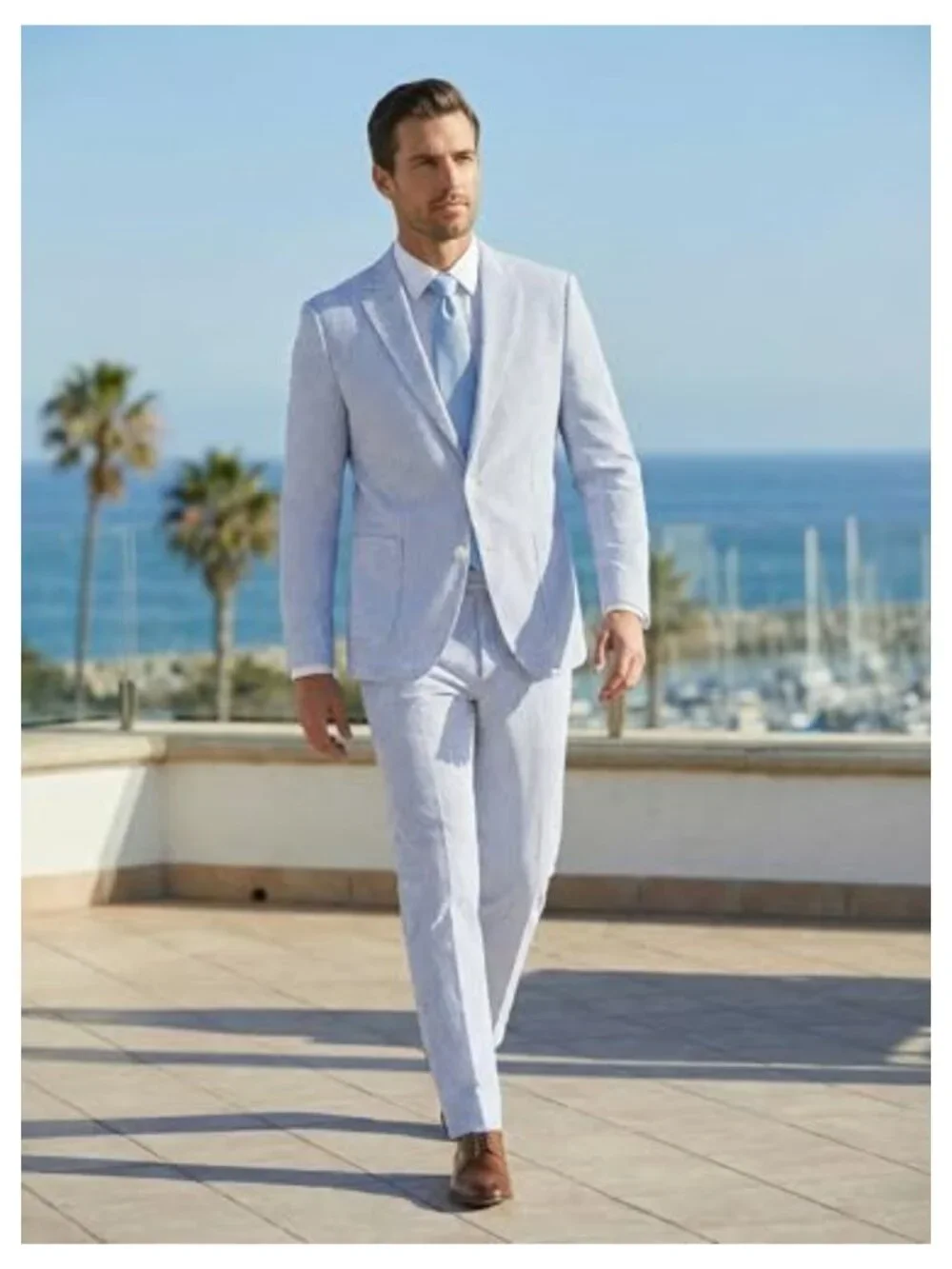 Men's Striped Seersucker Two Piece Suit Set Slim Fit Wedding